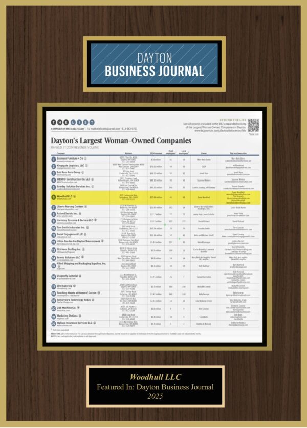Jarrod Strick wood plaque Walnut one page Dayton Largest woman Business gold