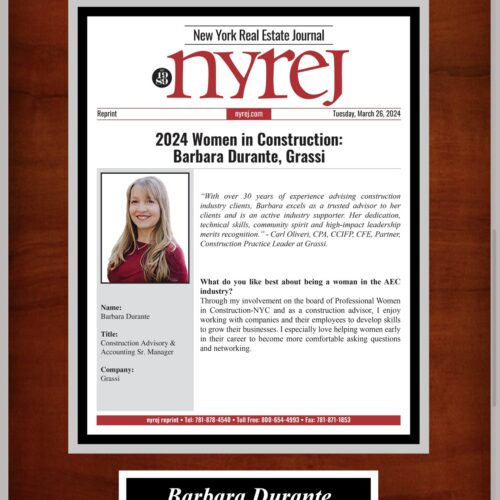 Barbara Durante Mahogany wood plaque one page 2024 Women in Construction silver 030426