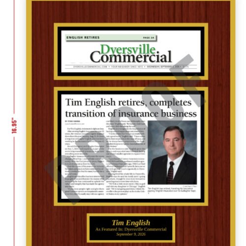 Claire English wood plaque Mahogany one page plus header "Tim English Retires" gold 091626